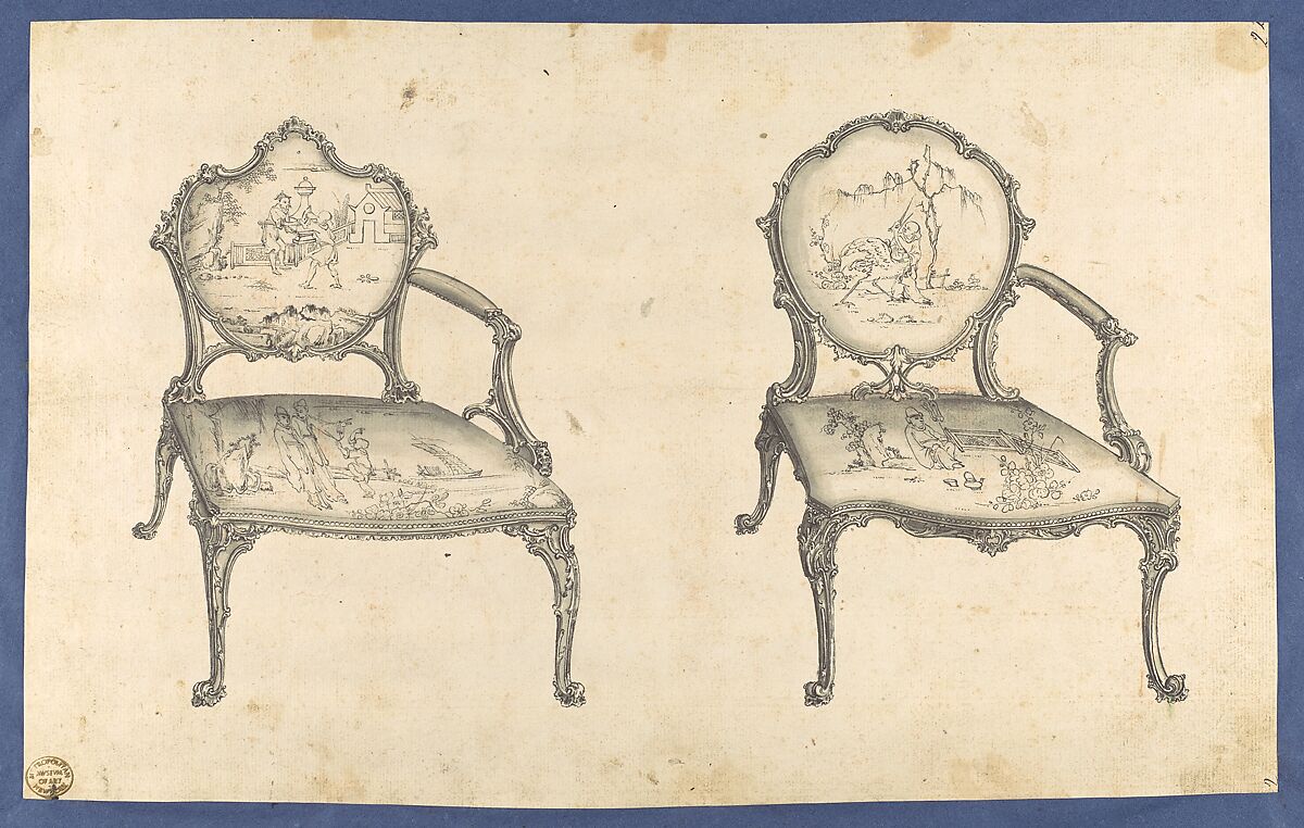 Two French Chairs, in Chippendale Drawings, Vol. I, Thomas Chippendale (British, baptised Otley, West Yorkshire 1718–1779 London), Black ink and gray wash 