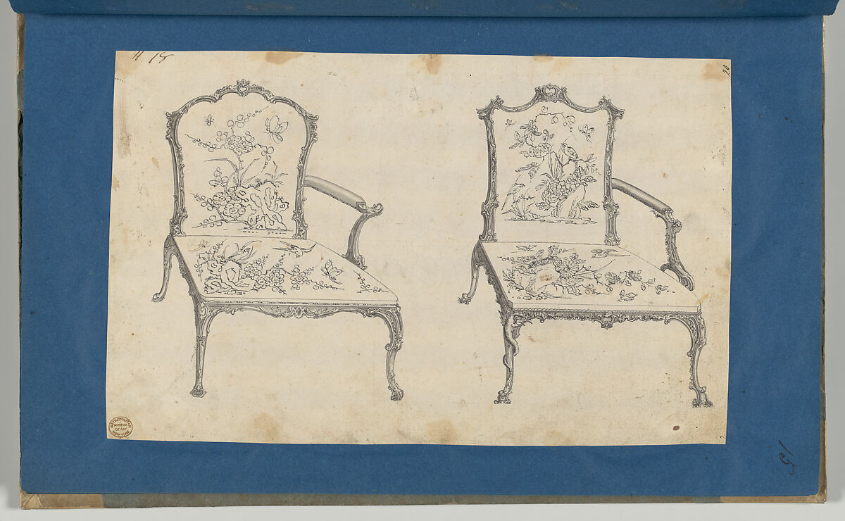 Two French Chairs, in Chippendale Drawings, Vol. I, Thomas Chippendale (British, baptised Otley, West Yorkshire 1718–1779 London), Black ink and gray wash
