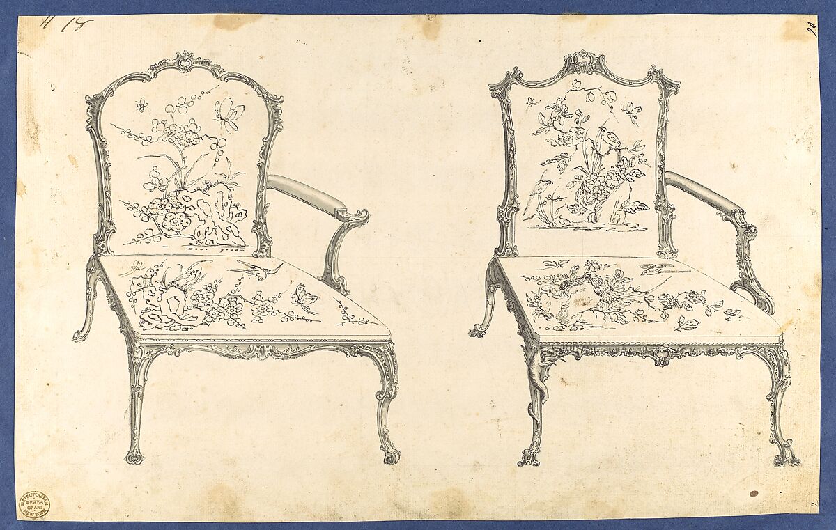 Two French Chairs, in Chippendale Drawings, Vol. I, Thomas Chippendale (British, baptised Otley, West Yorkshire 1718–1779 London), Black ink and gray wash 