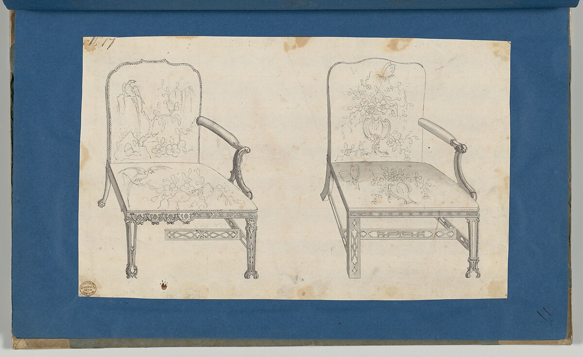 Two French Chairs, in Chippendale Drawings, Vol. I, Thomas Chippendale (British, baptised Otley, West Yorkshire 1718–1779 London), Black ink and gray wash