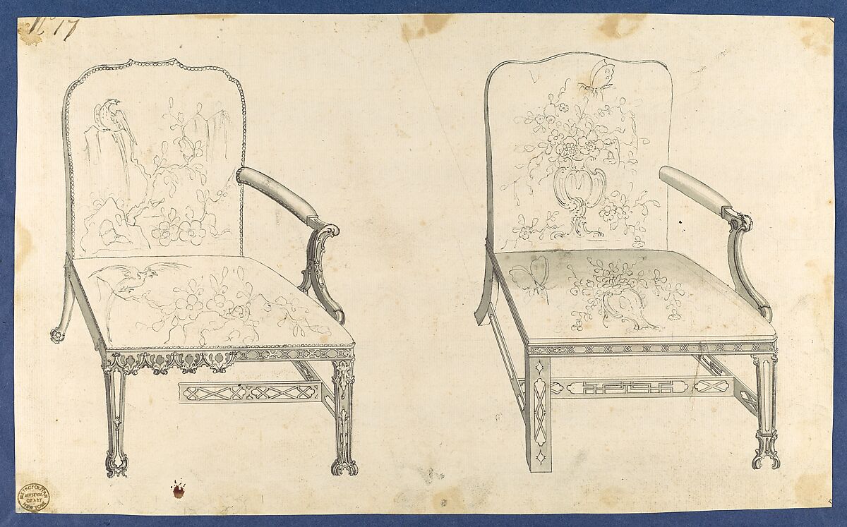 Two French Chairs, in Chippendale Drawings, Vol. I, Thomas Chippendale (British, baptised Otley, West Yorkshire 1718–1779 London), Black ink and gray wash 