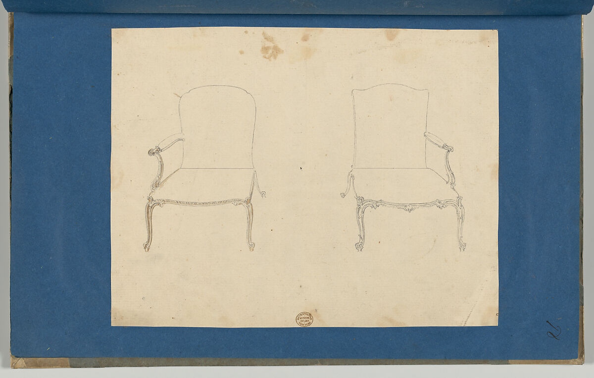 Two French Chairs, in Chippendale Drawings, Vol. I, Thomas Chippendale (British, baptised Otley, West Yorkshire 1718–1779 London), Pen and black and gray ink, brush and brown wash