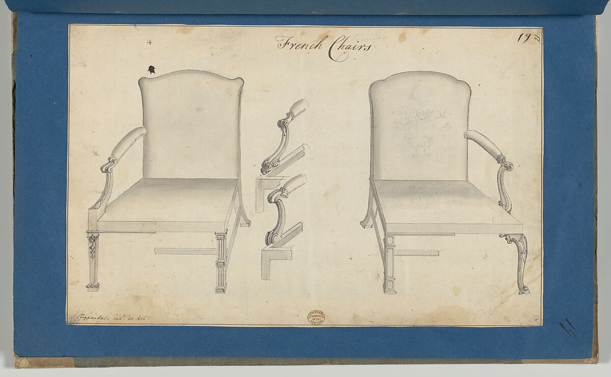 Two French Chairs, in Chippendale Drawings, Vol. I, Thomas Chippendale (British, baptised Otley, West Yorkshire 1718–1779 London), Pen and black and gray ink, brush and gray wash