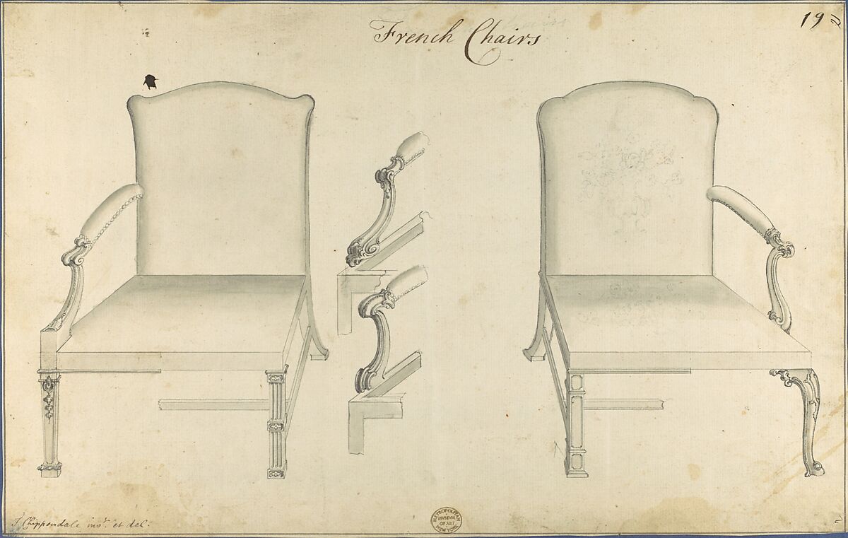 Two French Chairs, in Chippendale Drawings, Vol. I, Thomas Chippendale (British, baptised Otley, West Yorkshire 1718–1779 London), Black ink, gray ink and gray wash 