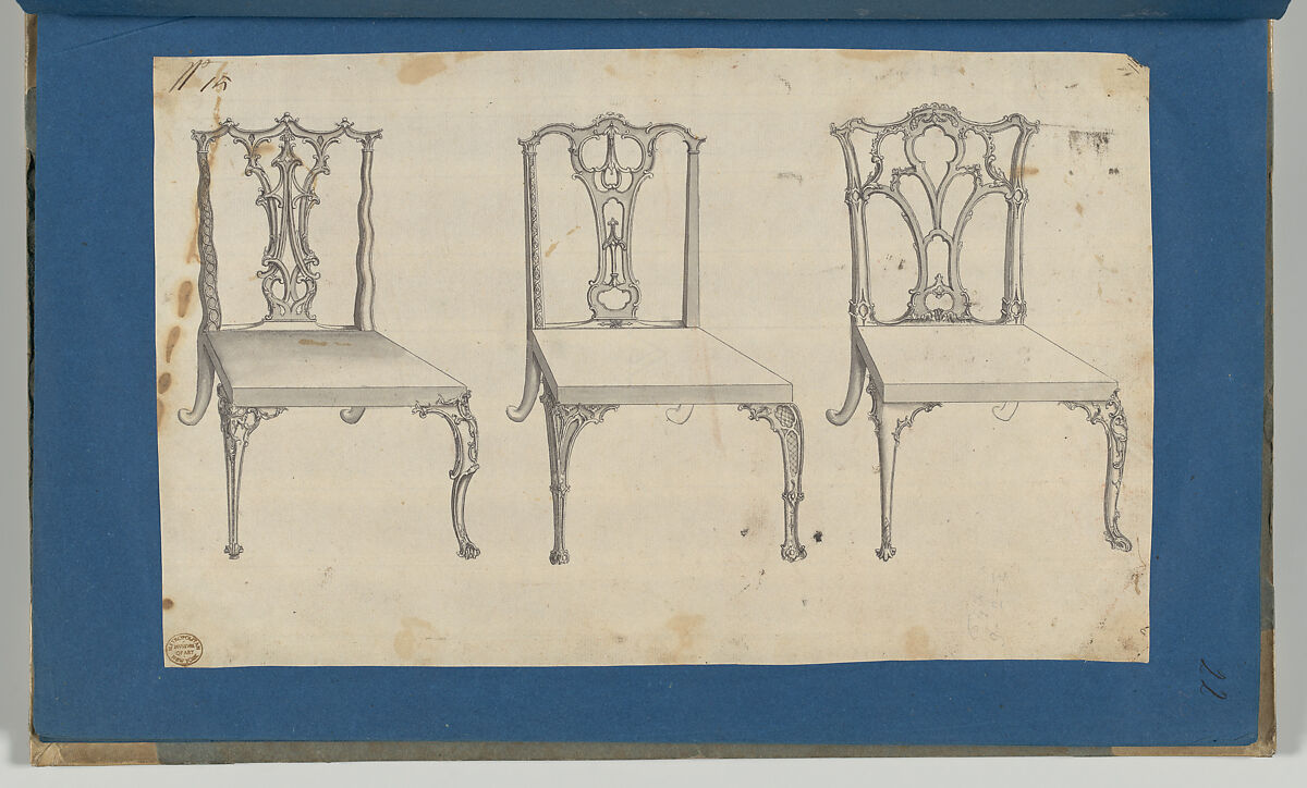 Three Chairs, in Chippendale Drawings, Vol. I, Thomas Chippendale (British, baptised Otley, West Yorkshire 1718–1779 London), Black ink, gray ink and gray wash