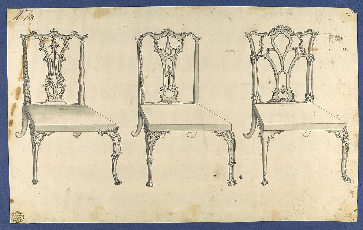Three Chairs, in Chippendale Drawings, Vol. I, Thomas Chippendale (British, baptised Otley, West Yorkshire 1718–1779 London), Black ink, gray ink and gray wash 