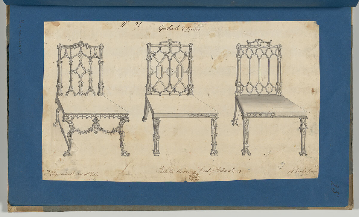 Gothick [Gothic] Chairs, in Chippendale Drawings, Vol. I, Thomas Chippendale (British, baptised Otley, West Yorkshire 1718–1779 London), Black ink, gray ink and gray wash
