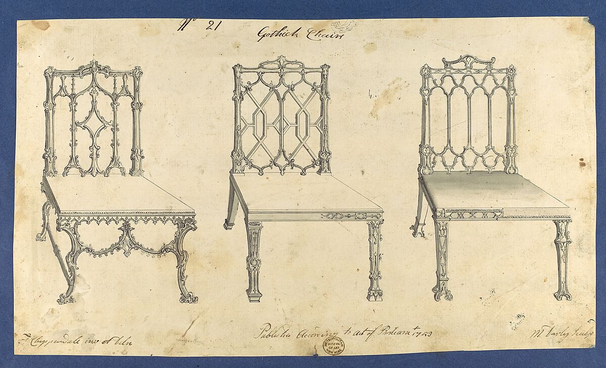 Gothick [Gothic] Chairs, in Chippendale Drawings, Vol. I, Thomas Chippendale (British, baptised Otley, West Yorkshire 1718–1779 London), Black ink, gray ink and gray wash 