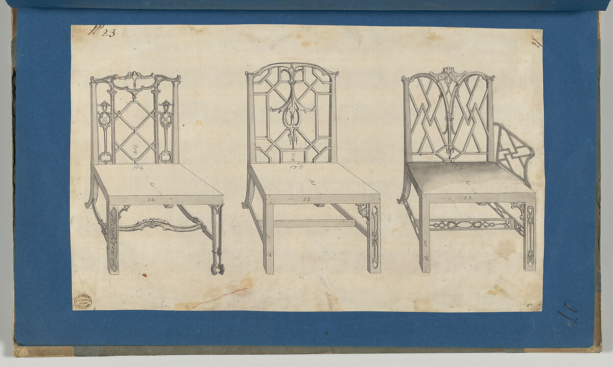 Chinese Chairs, in Chippendale Drawings, Vol. I, Thomas Chippendale (British, baptised Otley, West Yorkshire 1718–1779 London), Black ink, gray ink and gray wash