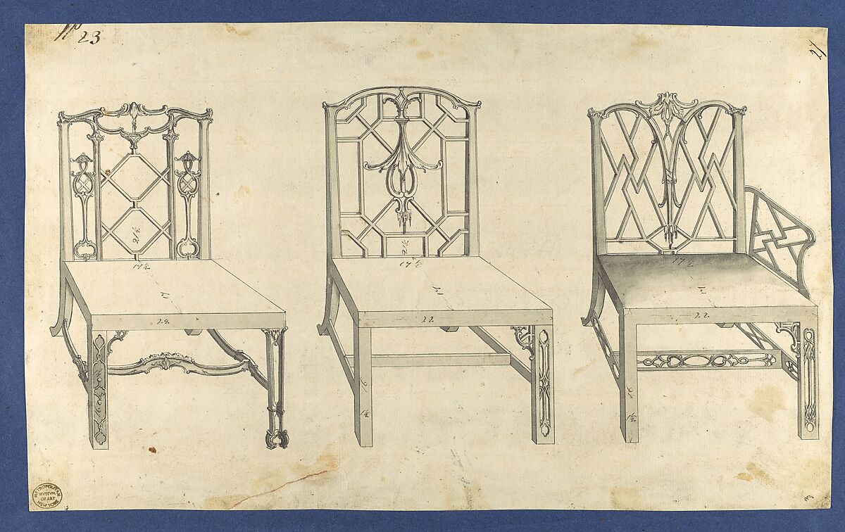 Chinese Chairs, in Chippendale Drawings, Vol. I, Thomas Chippendale (British, baptised Otley, West Yorkshire 1718–1779 London), Black ink, gray ink and gray wash 