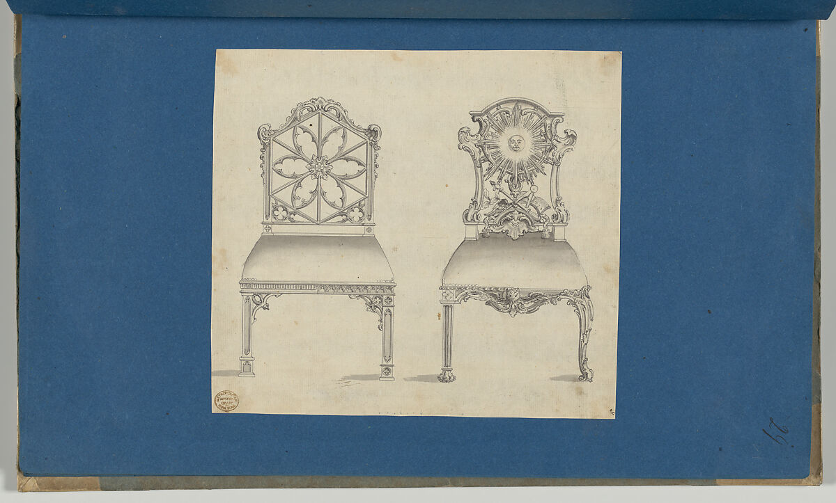 Gothick [Gothic] Chairs, in Chippendale Drawings, Vol. I, Thomas Chippendale (British, baptised Otley, West Yorkshire 1718–1779 London), Black ink, gray wash