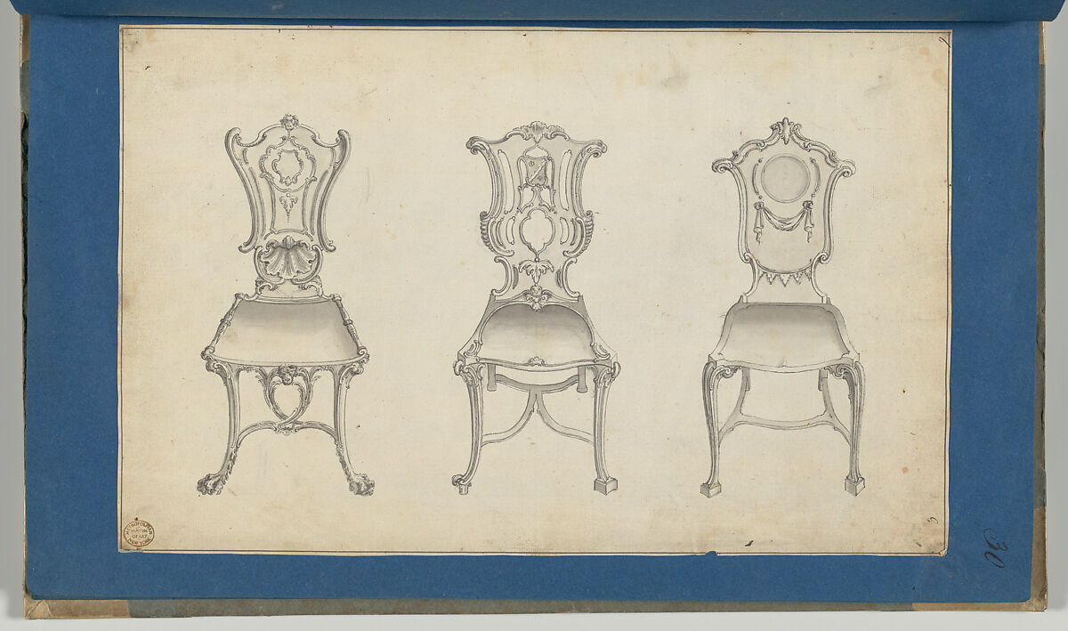 Hall Chairs, in Chippendale Drawings, Vol. I, Thomas Chippendale (British, baptised Otley, West Yorkshire 1718–1779 London), Black ink, gray ink and gray wash