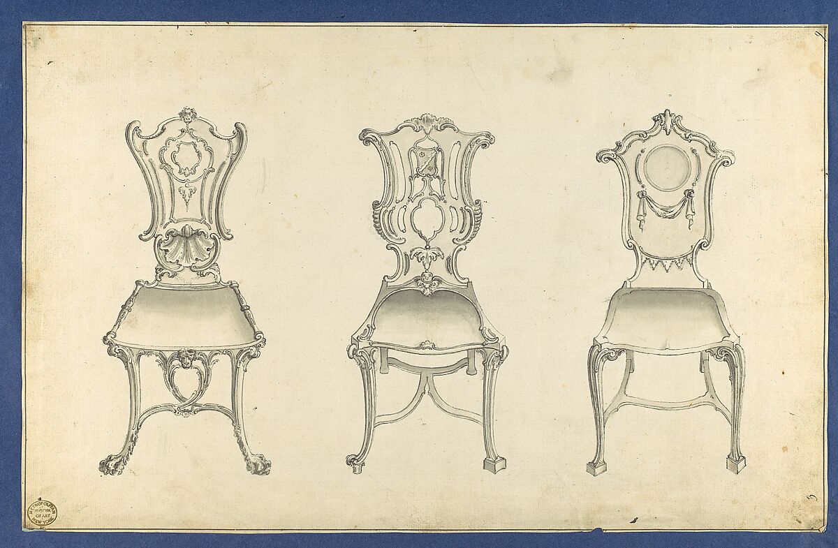 Hall Chairs, in Chippendale Drawings, Vol. I, Thomas Chippendale (British, baptised Otley, West Yorkshire 1718–1779 London), Black ink, gray ink and gray wash 