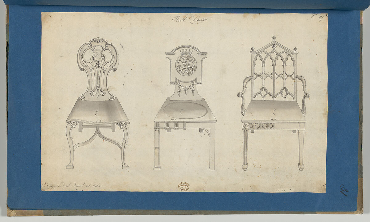 Hall Chairs, in Chippendale Drawings, Vol. I, Thomas Chippendale (British, baptised Otley, West Yorkshire 1718–1779 London), Black ink, gray wash