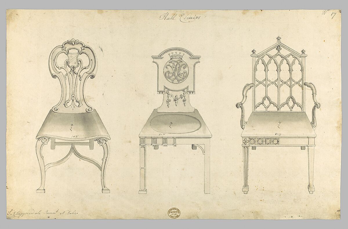 Hall Chairs, in Chippendale Drawings, Vol. I, Thomas Chippendale (British, baptised Otley, West Yorkshire 1718–1779 London), Black ink, gray wash 
