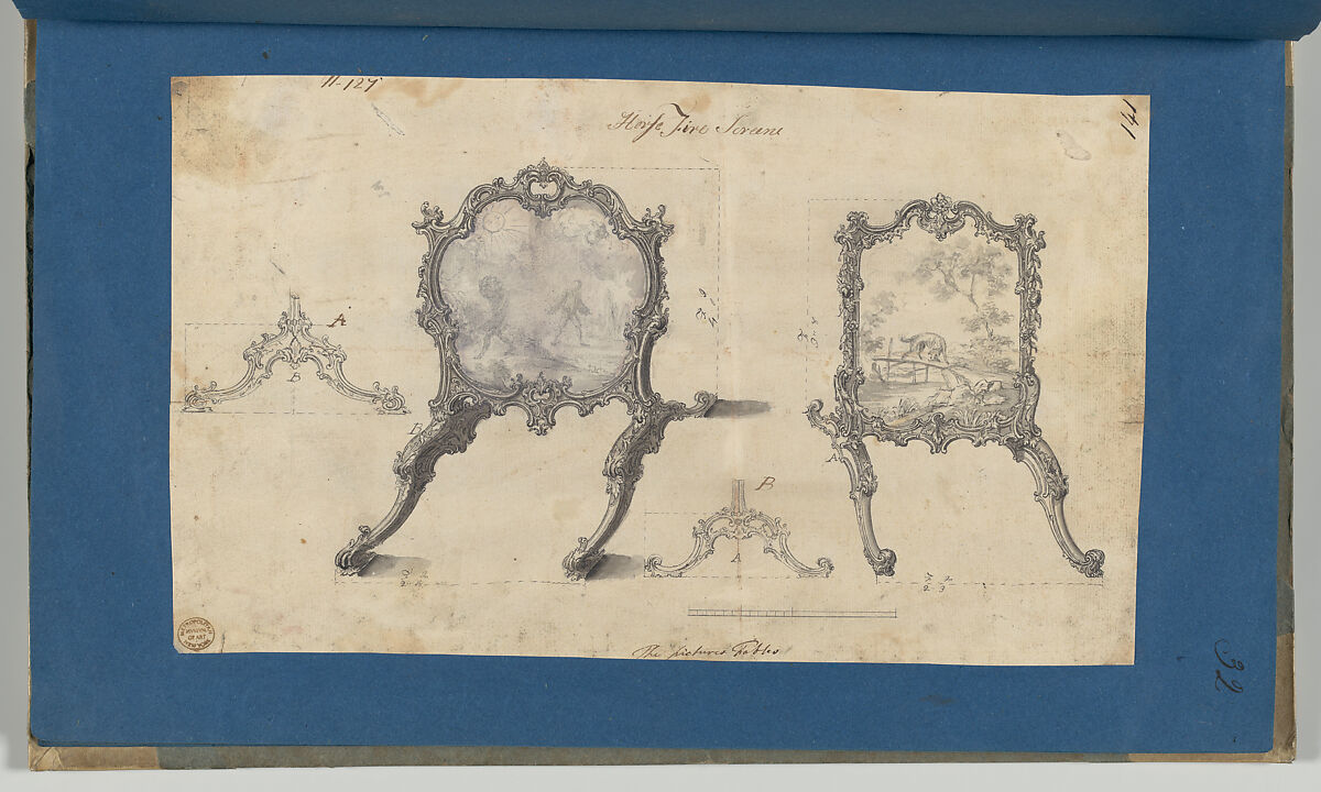 Fire Screens, in Chippendale Drawings, Vol. I, Thomas Chippendale (British, baptised Otley, West Yorkshire 1718–1779 London), Black ink, gray ink, gray and lavender washes