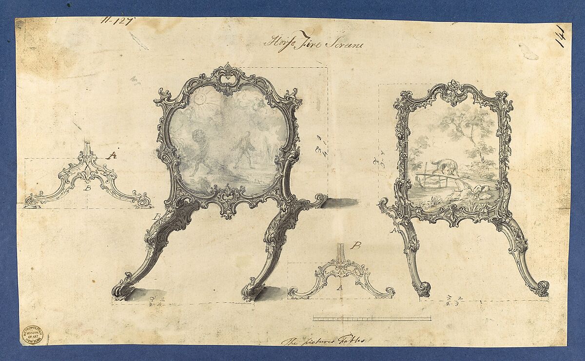 Fire Screens, in Chippendale Drawings, Vol. I, Thomas Chippendale (British, baptised Otley, West Yorkshire 1718–1779 London), Black ink, gray ink, gray and lavender washes 