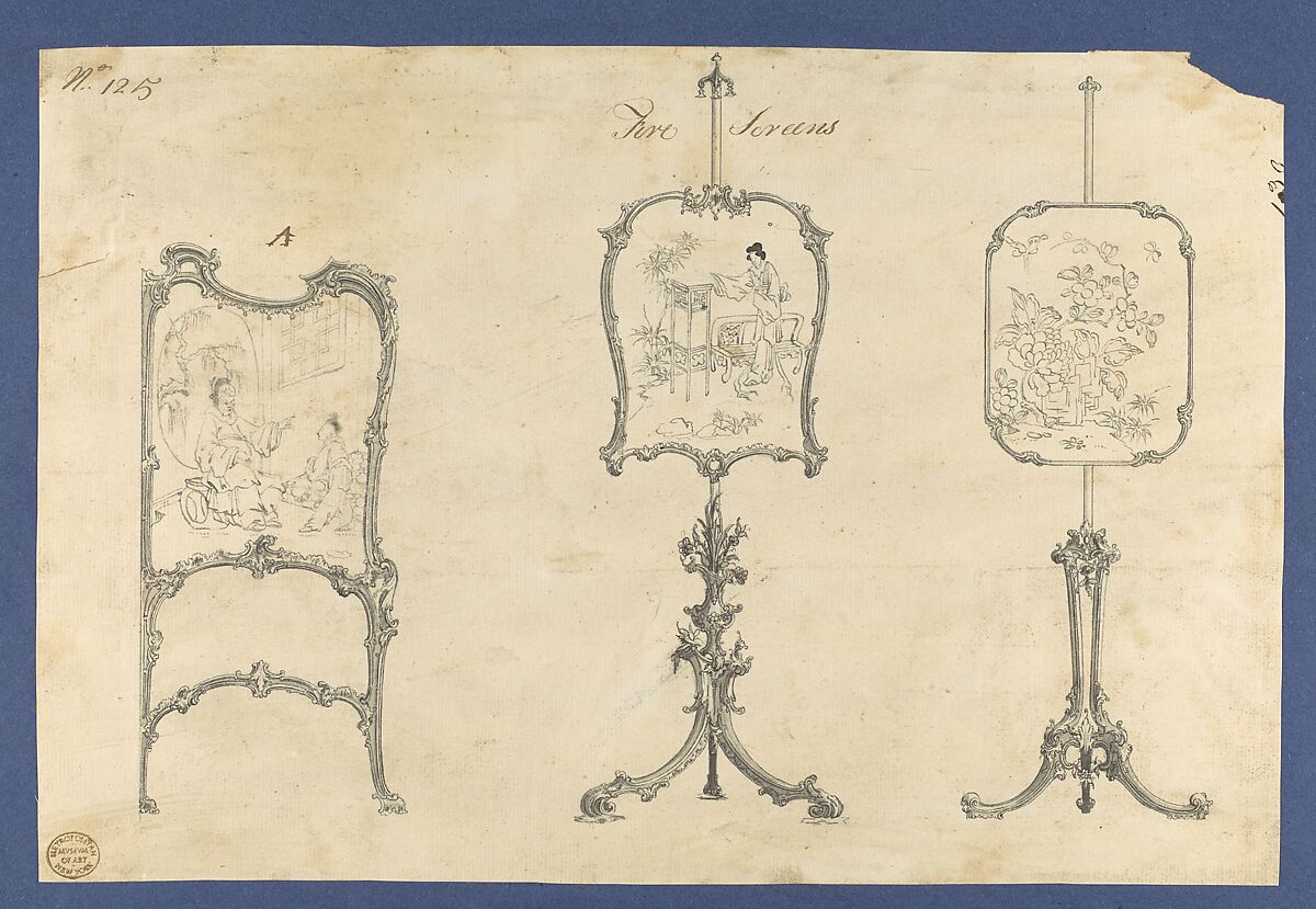 Fire Screens, in Chippendale Drawings, Vol. I, Thomas Chippendale (British, baptised Otley, West Yorkshire 1718–1779 London), Black ink, gray ink and gray wash 