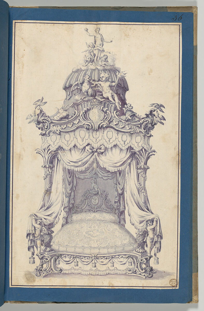 A Design for a State Bed, in Chippendale Drawings, Vol. I, Thomas Chippendale (British, baptised Otley, West Yorkshire 1718–1779 London), Pen with black, gray and purple ink, purple and gray washes