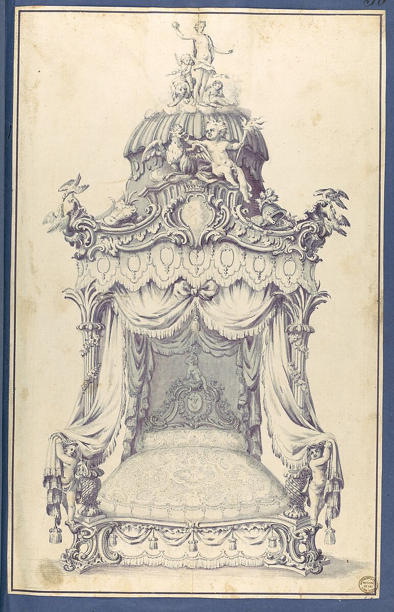 A Design for a State Bed, in Chippendale Drawings, Vol. I, Thomas Chippendale (British, baptised Otley, West Yorkshire 1718–1779 London), Pen with black, gray and purple ink, purple and gray washes 