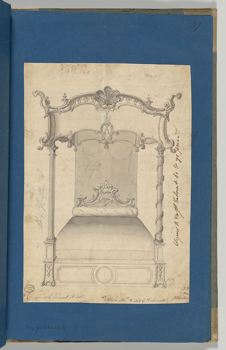 Bed, in Chippendale Drawings, Vol. I, Thomas Chippendale (British, baptised Otley, West Yorkshire 1718–1779 London), Black ink, gray ink and gray wash