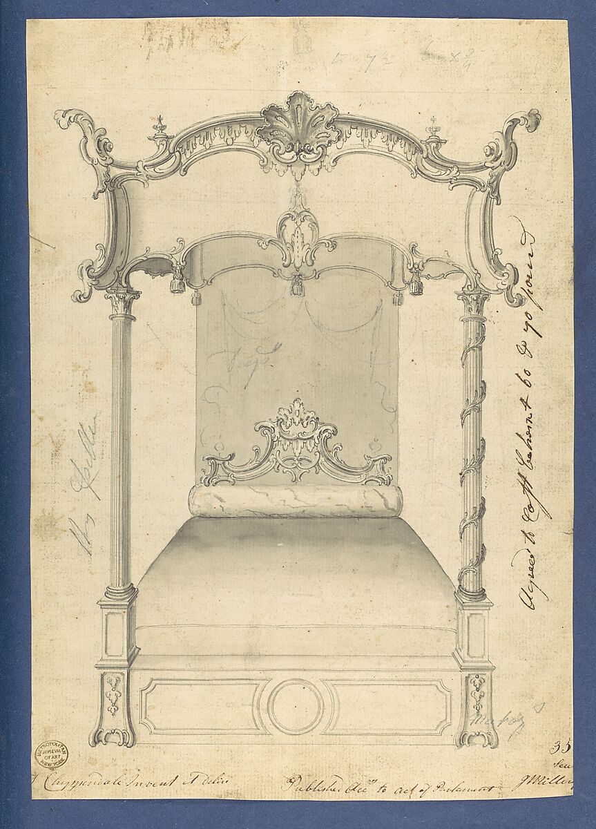 Bed, in Chippendale Drawings, Vol. I, Thomas Chippendale (British, baptised Otley, West Yorkshire 1718–1779 London), Black ink, gray ink and gray wash 