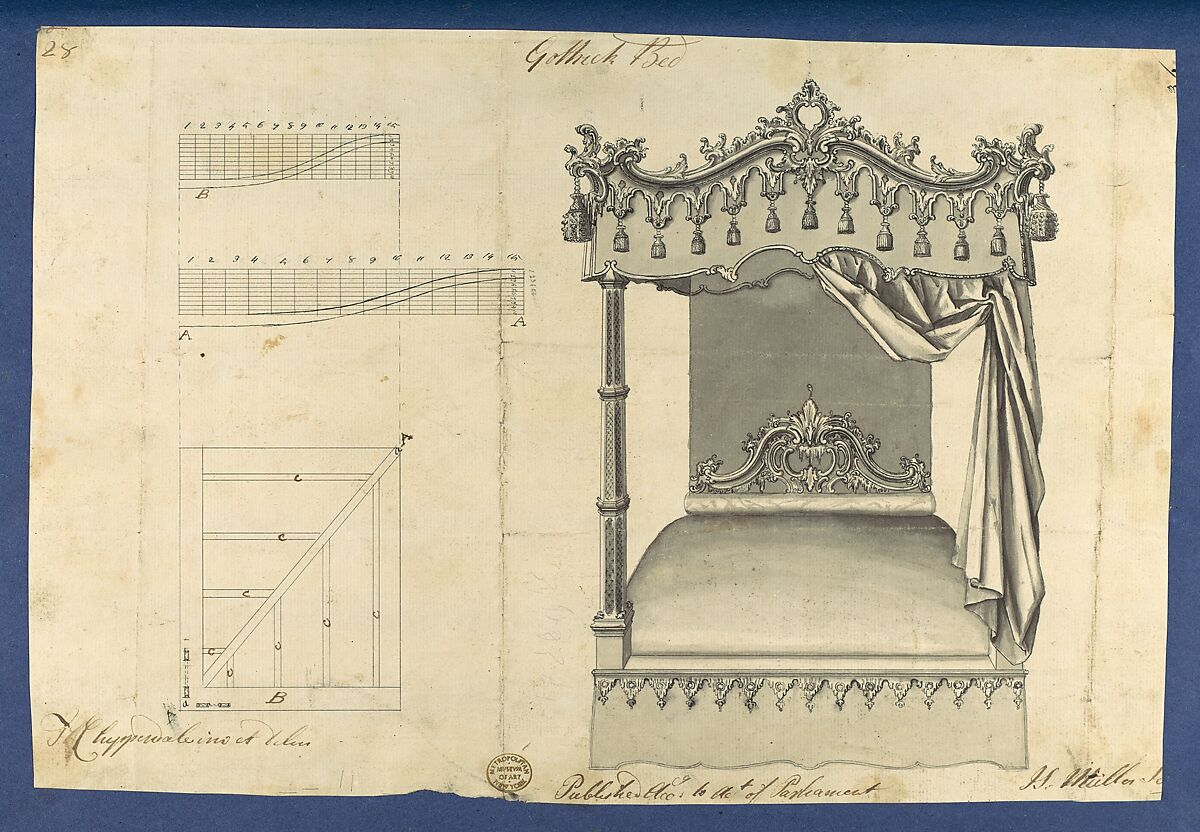 Gothick [Gothic] Bed, in Chippendale Drawings, Vol. I, Thomas Chippendale (British, baptised Otley, West Yorkshire 1718–1779 London), Black ink, gray wash 