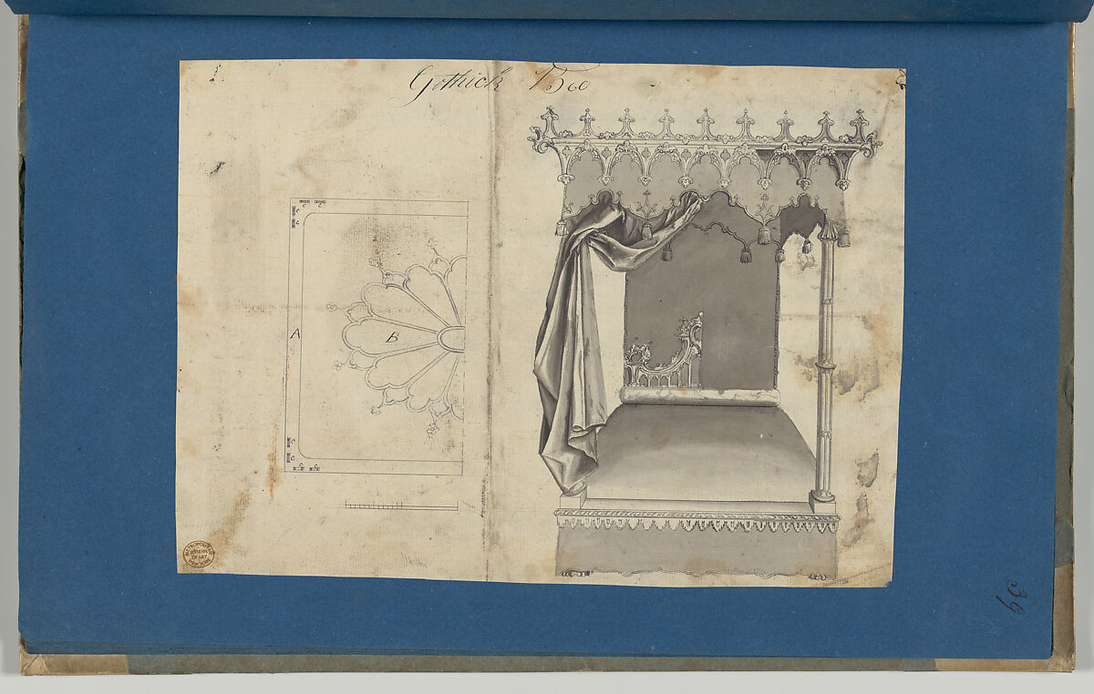 Gothick [Gothic] Bed, in Chippendale Drawings, Vol. I, Thomas Chippendale (British, baptised Otley, West Yorkshire 1718–1779 London), Black ink, gray ink and gray wash