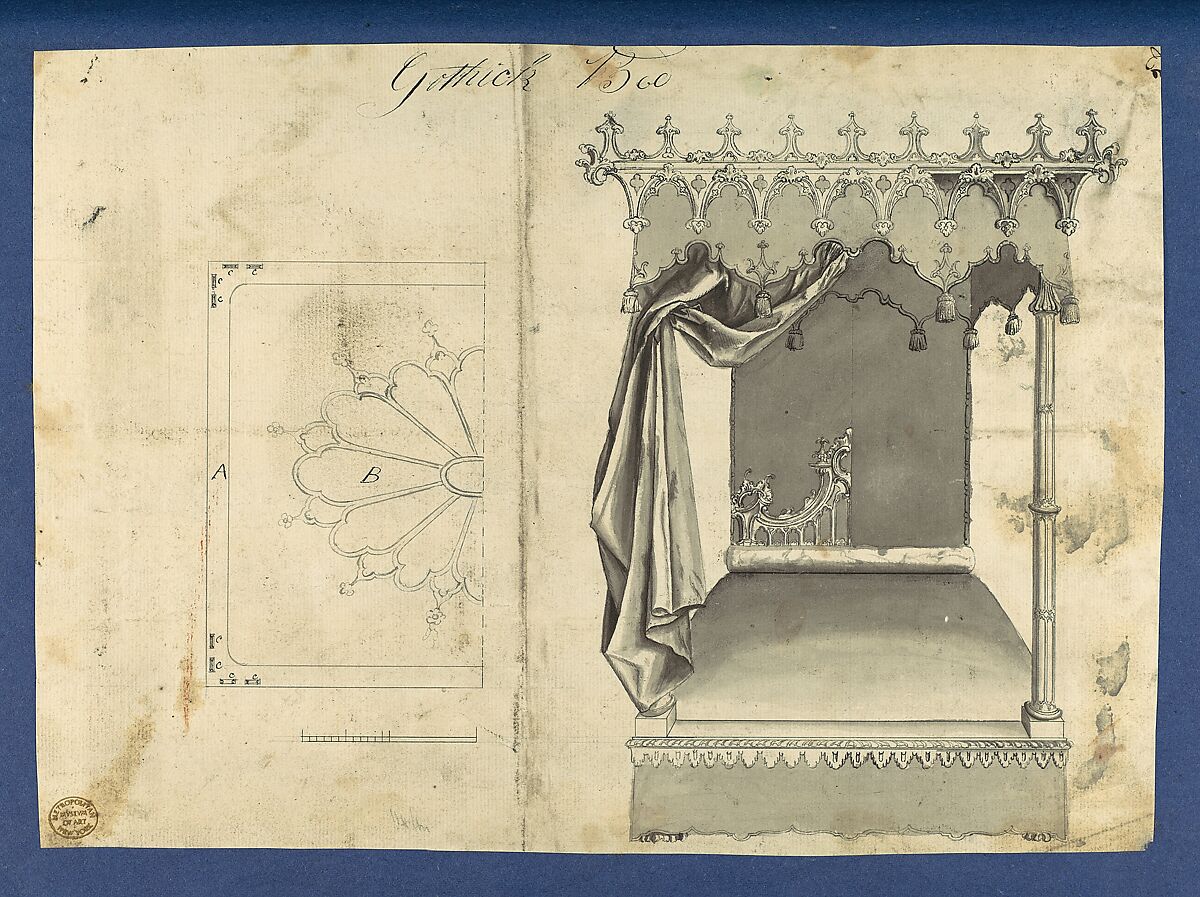 Gothick [Gothic] Bed, in Chippendale Drawings, Vol. I, Thomas Chippendale (British, baptised Otley, West Yorkshire 1718–1779 London), Black ink, gray ink and gray wash 