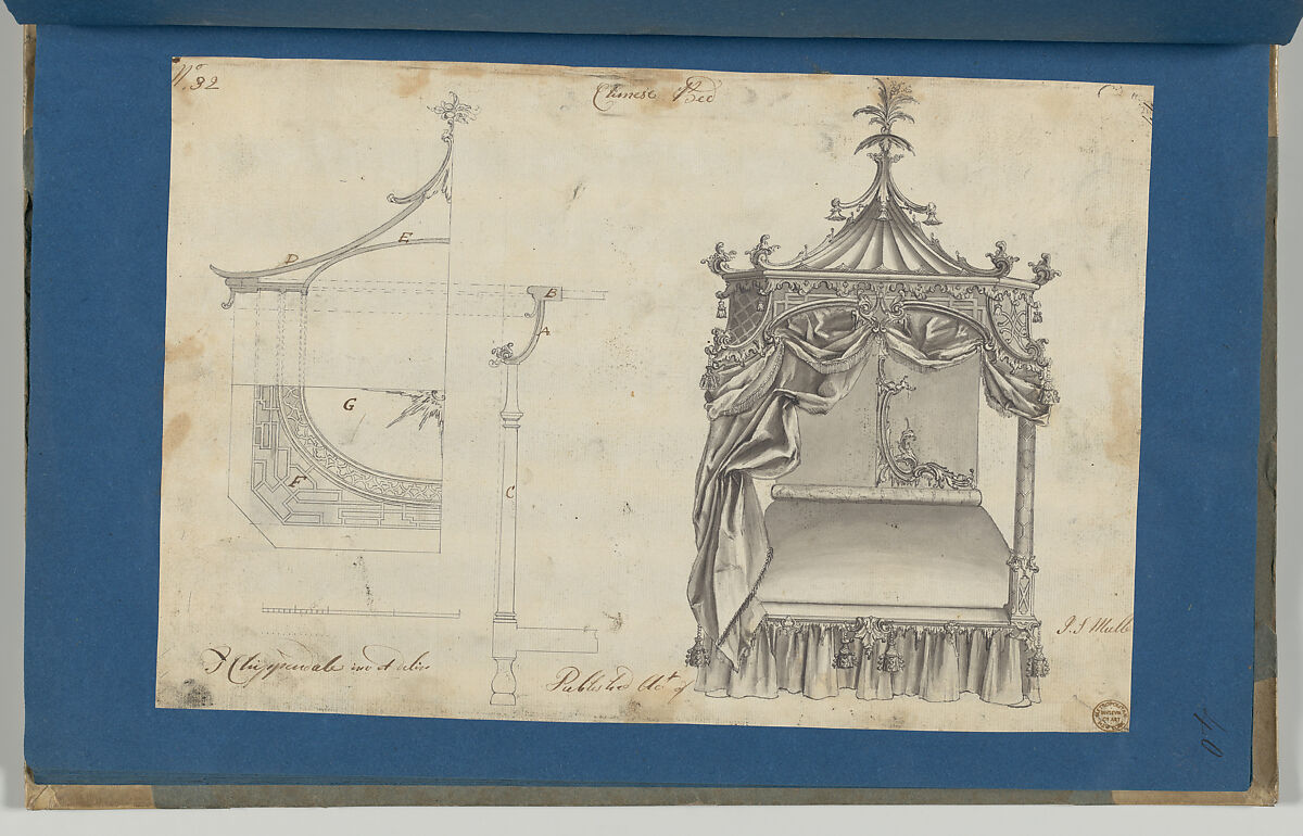 Chinese Bed, in Chippendale Drawings, Vol. I, Thomas Chippendale (British, baptised Otley, West Yorkshire 1718–1779 London), Pen and black and gray ink, brush and gray wash