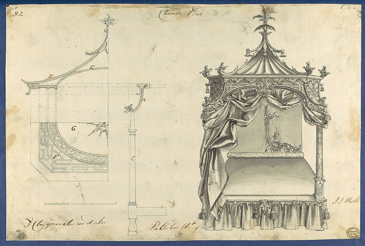 Chinese Bed, in Chippendale Drawings, Vol. I, Thomas Chippendale (British, baptised Otley, West Yorkshire 1718–1779 London), Black ink, gray ink and gray wash 