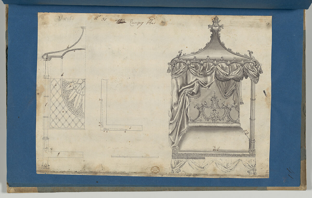 Canopy Bed, in Chippendale Drawings, Vol. I, Thomas Chippendale (British, baptised Otley, West Yorkshire 1718–1779 London), Black ink, gray wash