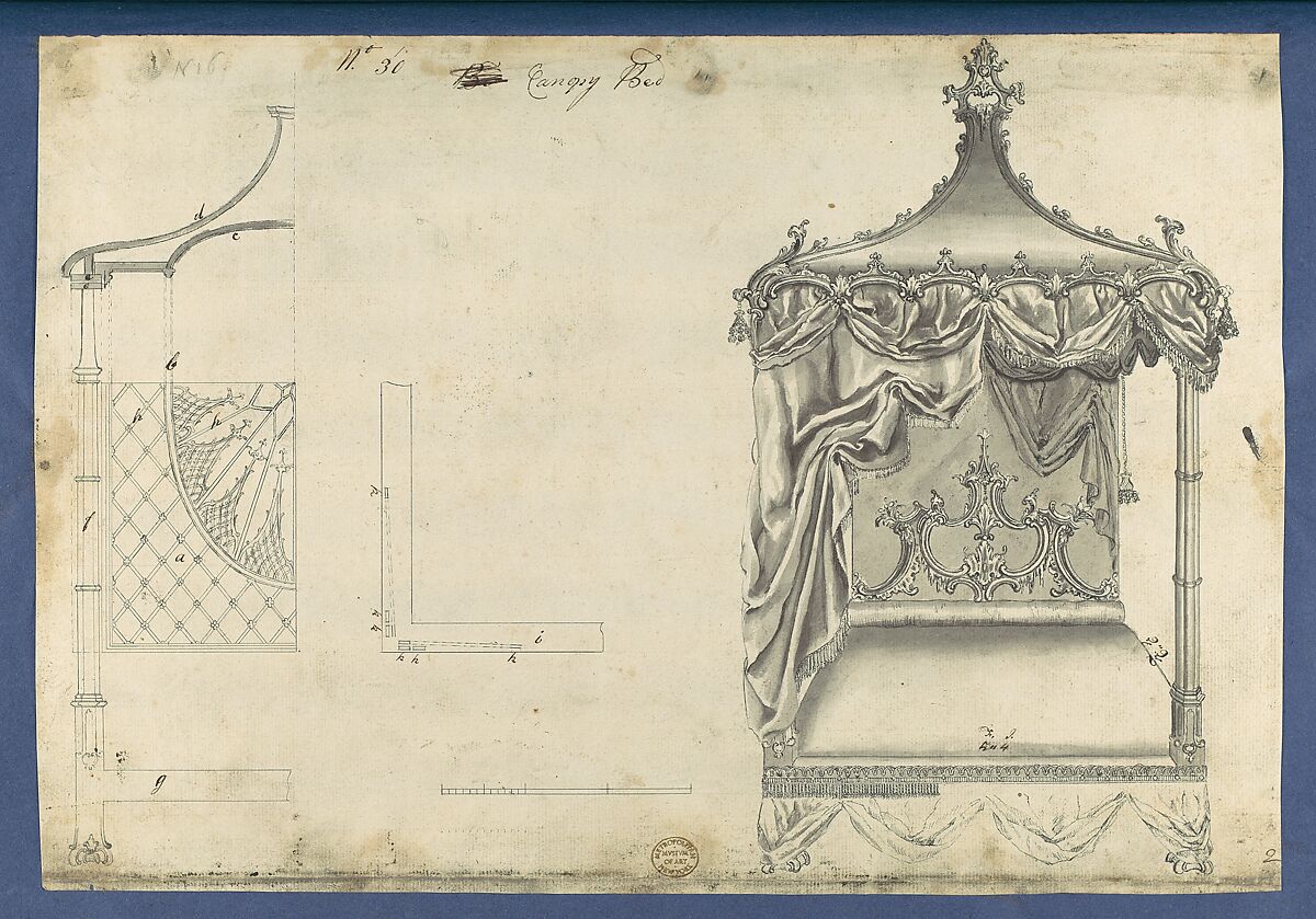 Canopy Bed, in Chippendale Drawings, Vol. I, Thomas Chippendale (British, baptised Otley, West Yorkshire 1718–1779 London), Black ink, gray wash 