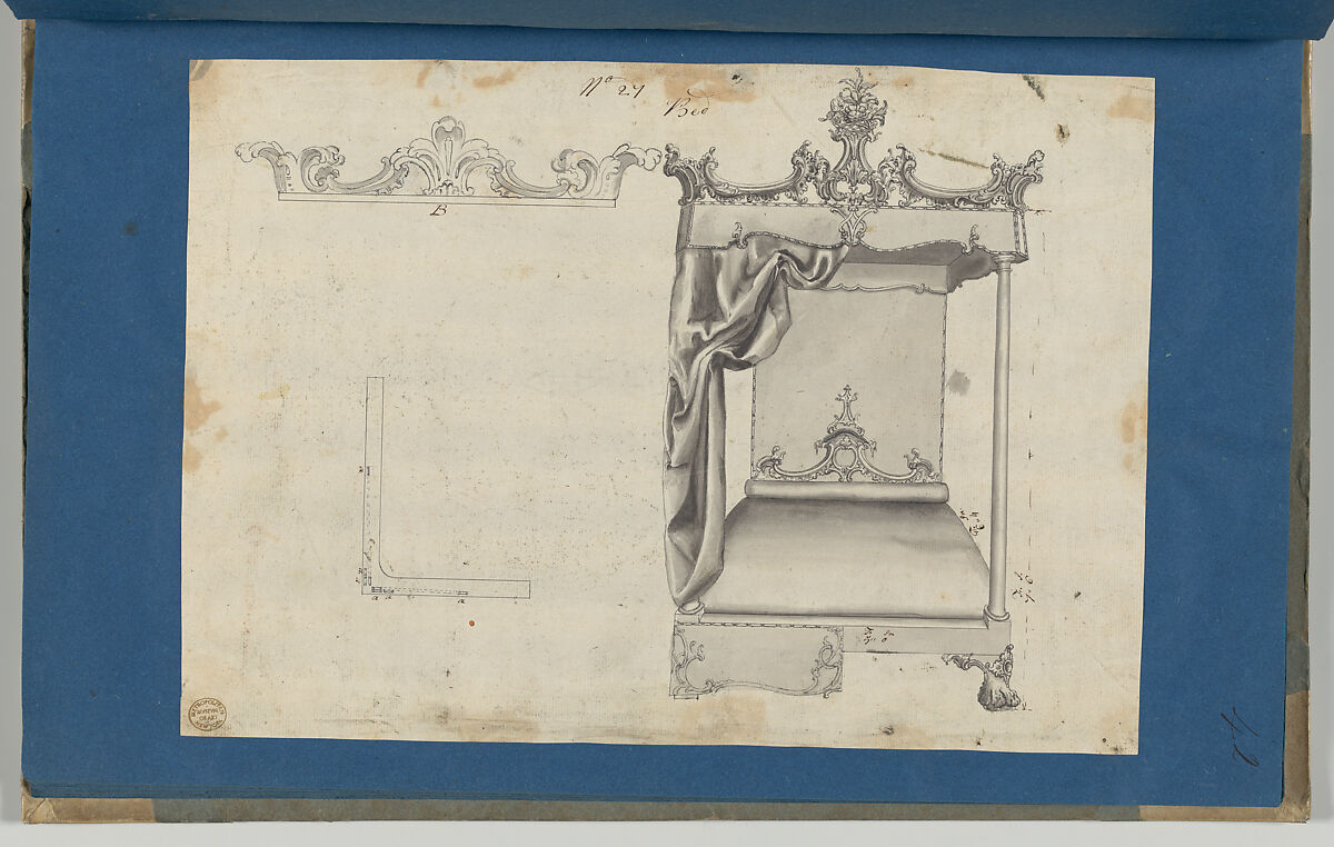 Bed, in Chippendale Drawings, Vol. I, Thomas Chippendale (British, baptised Otley, West Yorkshire 1718–1779 London), Black ink, gray wash