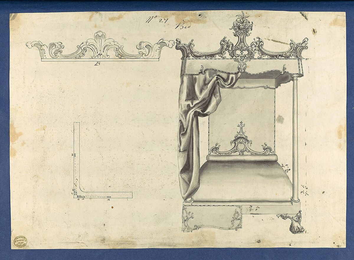 Bed, in Chippendale Drawings, Vol. I, Thomas Chippendale (British, baptised Otley, West Yorkshire 1718–1779 London), Black ink, gray wash 