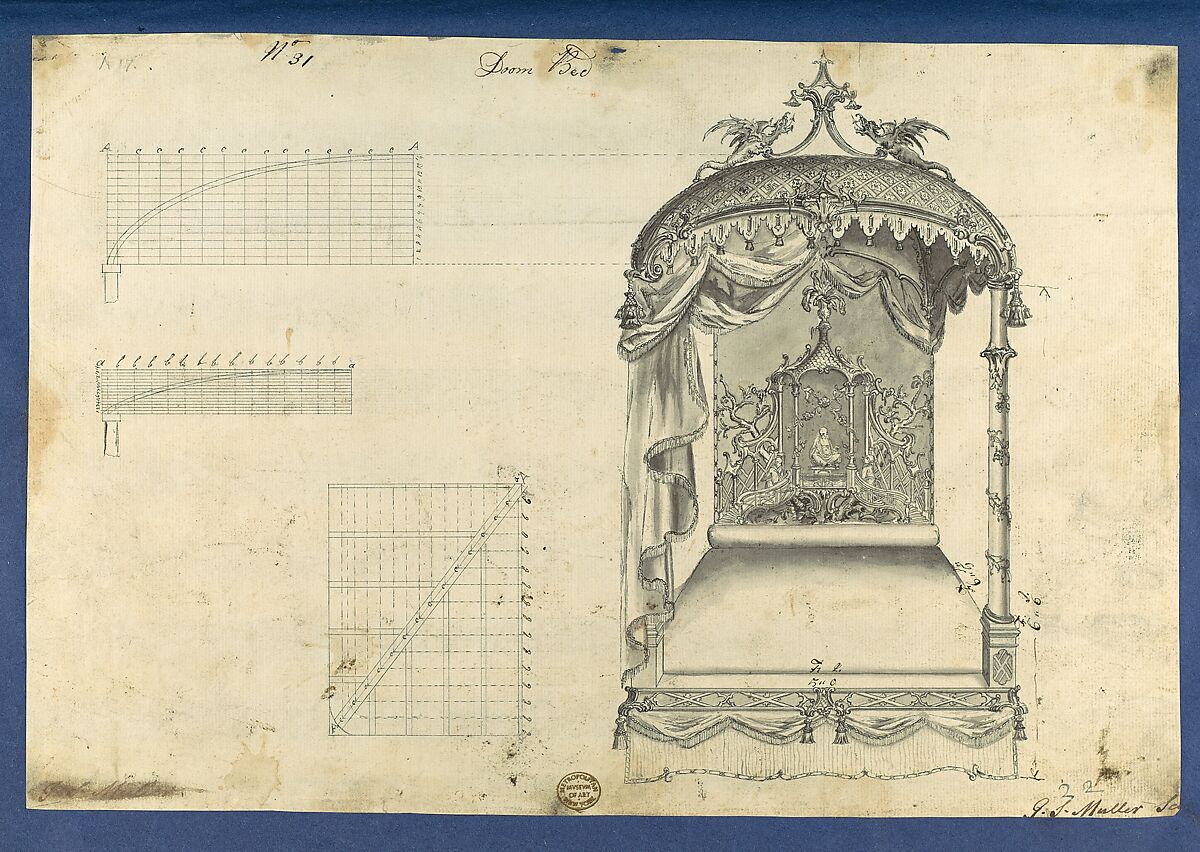 Doom [Dome] Bed, in Chippendale Drawings, Vol. I, Thomas Chippendale (British, baptised Otley, West Yorkshire 1718–1779 London), Black ink, gray wash 