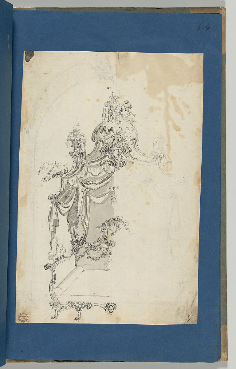Unfinished Design for a Bed, in Chippendale Drawings, Vol. I, Thomas Chippendale (British, baptised Otley, West Yorkshire 1718–1779 London), Black ink, gray wash