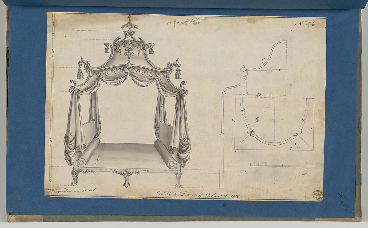 Couch Bed, in Chippendale Drawings, Vol. I, Thomas Chippendale (British, baptised Otley, West Yorkshire 1718–1779 London), Pen and black ink, brush and gray wash