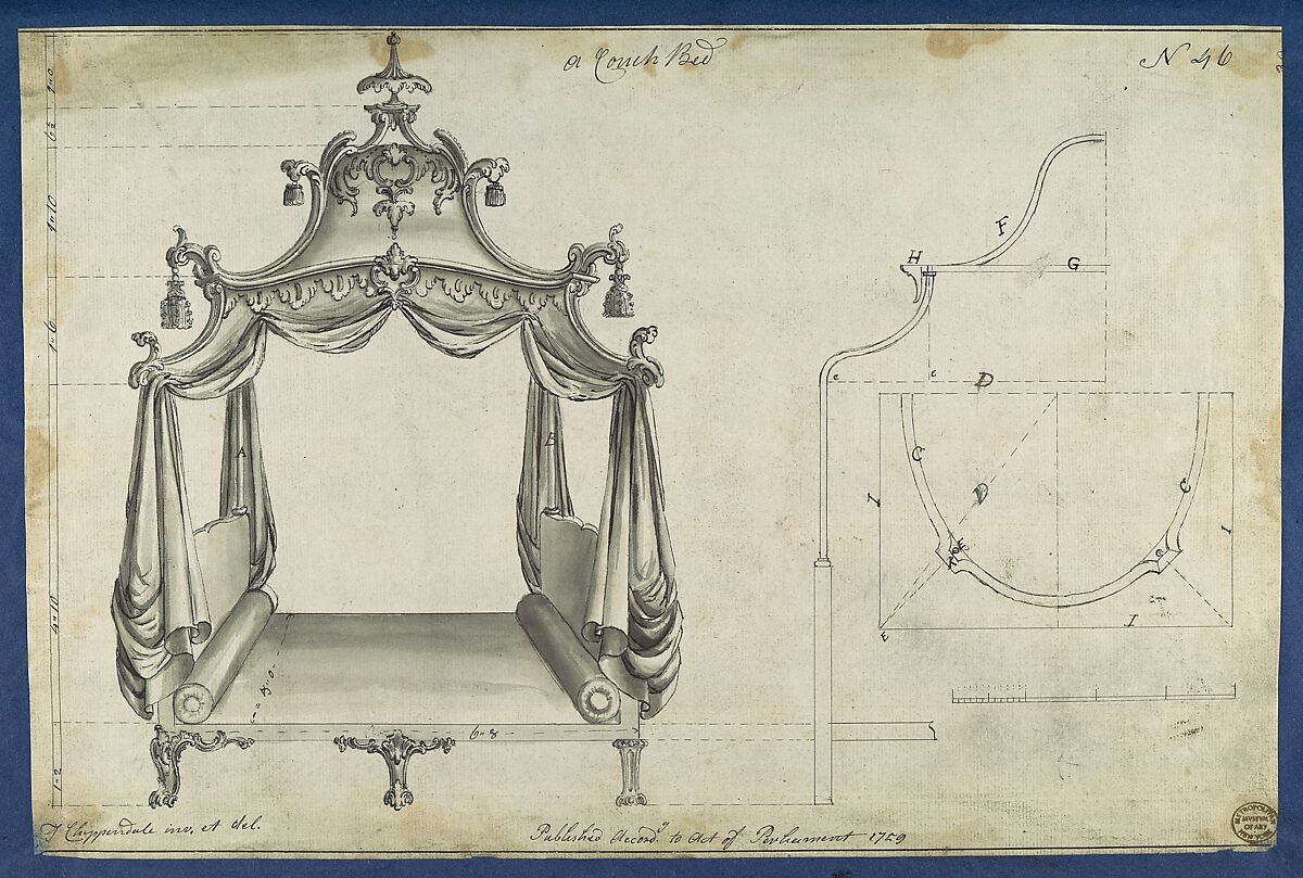 Couch Bed, in Chippendale Drawings, Vol. I, Thomas Chippendale (British, baptised Otley, West Yorkshire 1718–1779 London), Black ink, gray wash 