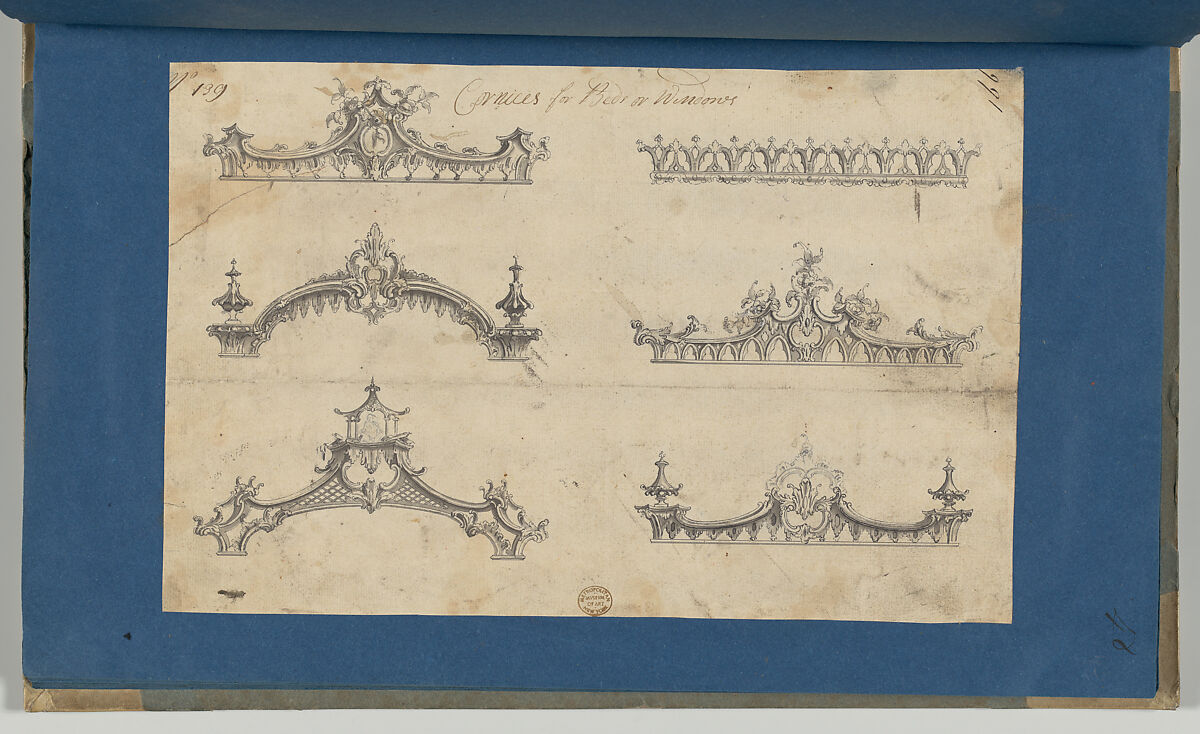 Cornices for Beds or Windows, in Chippendale Drawings, Vol. I, Thomas Chippendale (British, baptised Otley, West Yorkshire 1718–1779 London), Black ink, gray wash
