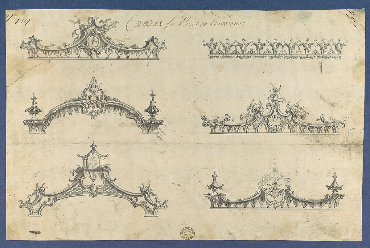 Cornices for Beds or Windows, in Chippendale Drawings, Vol. I, Thomas Chippendale (British, baptised Otley, West Yorkshire 1718–1779 London), Black ink, gray wash 