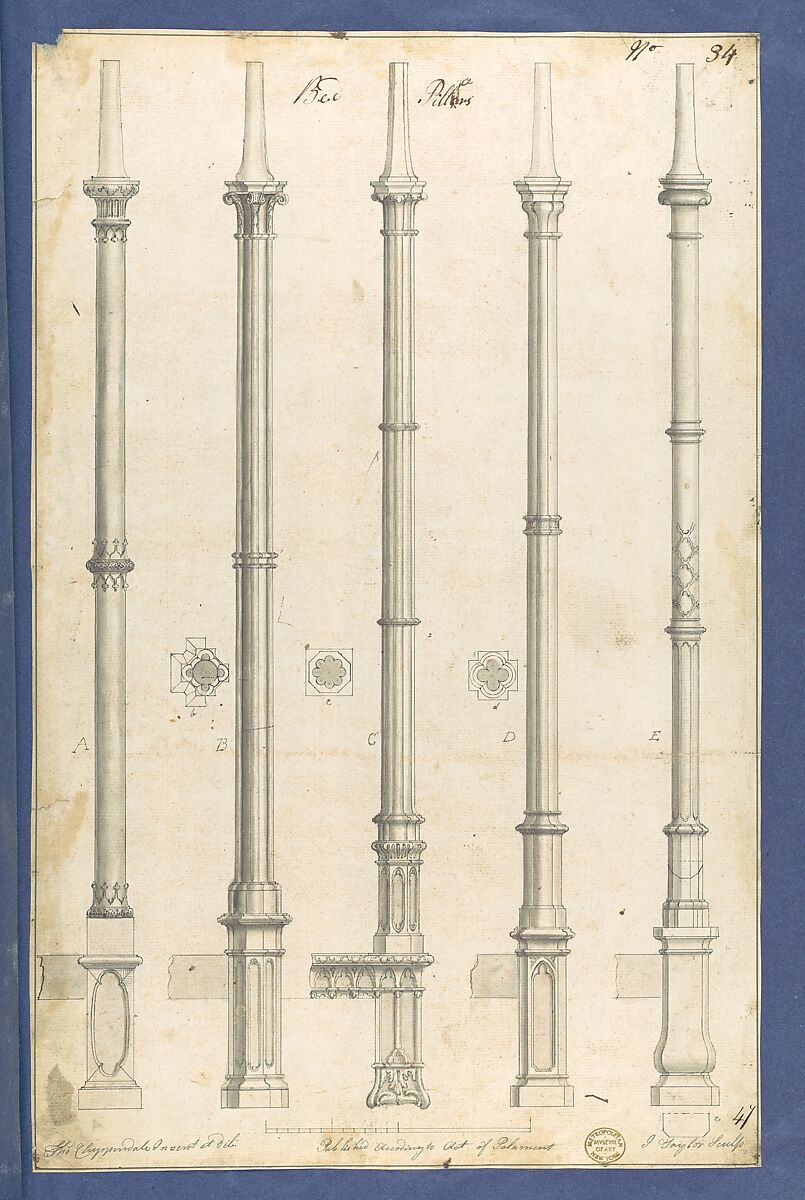 Bed Pillars, in Chippendale Drawings, Vol. I, Thomas Chippendale (British, baptised Otley, West Yorkshire 1718–1779 London), Black ink, gray ink, gray wash 