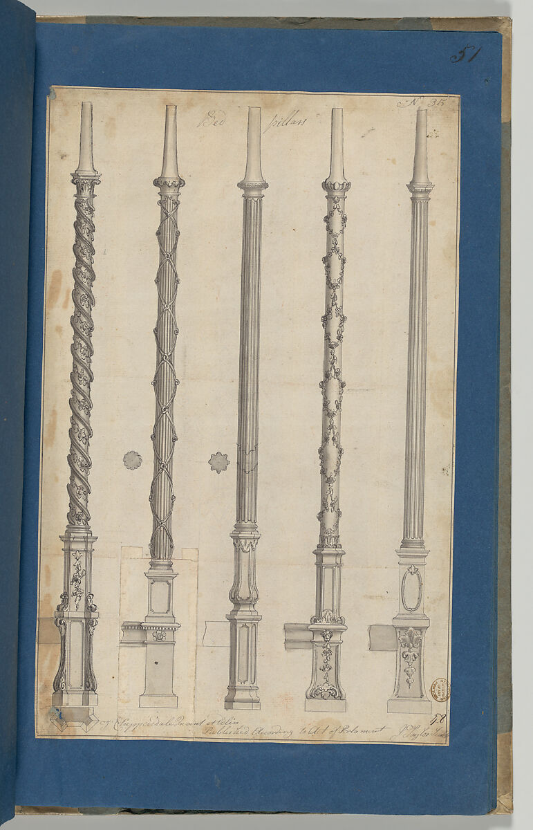 Bed Pillars, in Chippendale Drawings, Vol. I, Thomas Chippendale (British, baptised Otley, West Yorkshire 1718–1779 London), Pen and black and gray ink, brush and gray wash
