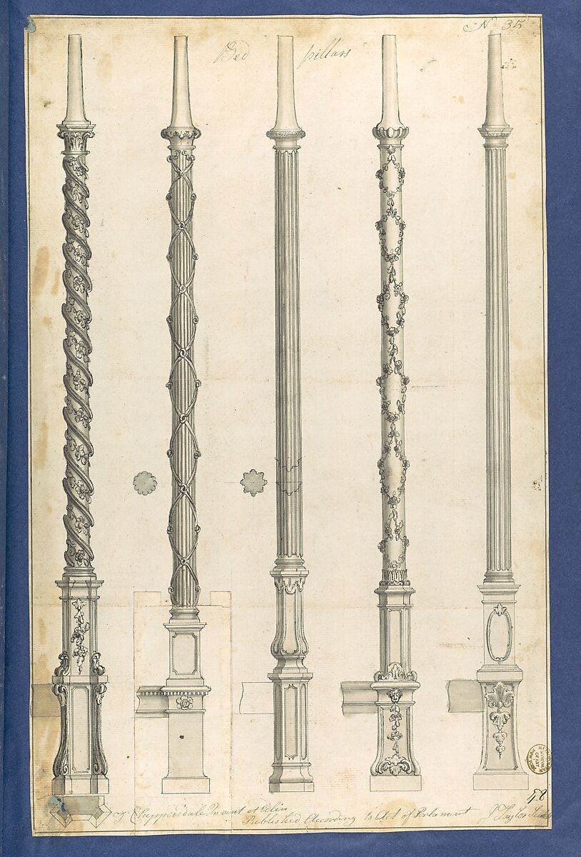 Bed Pillars, in Chippendale Drawings, Vol. I, Thomas Chippendale (British, baptised Otley, West Yorkshire 1718–1779 London), Black ink, gray ink, gray wash 