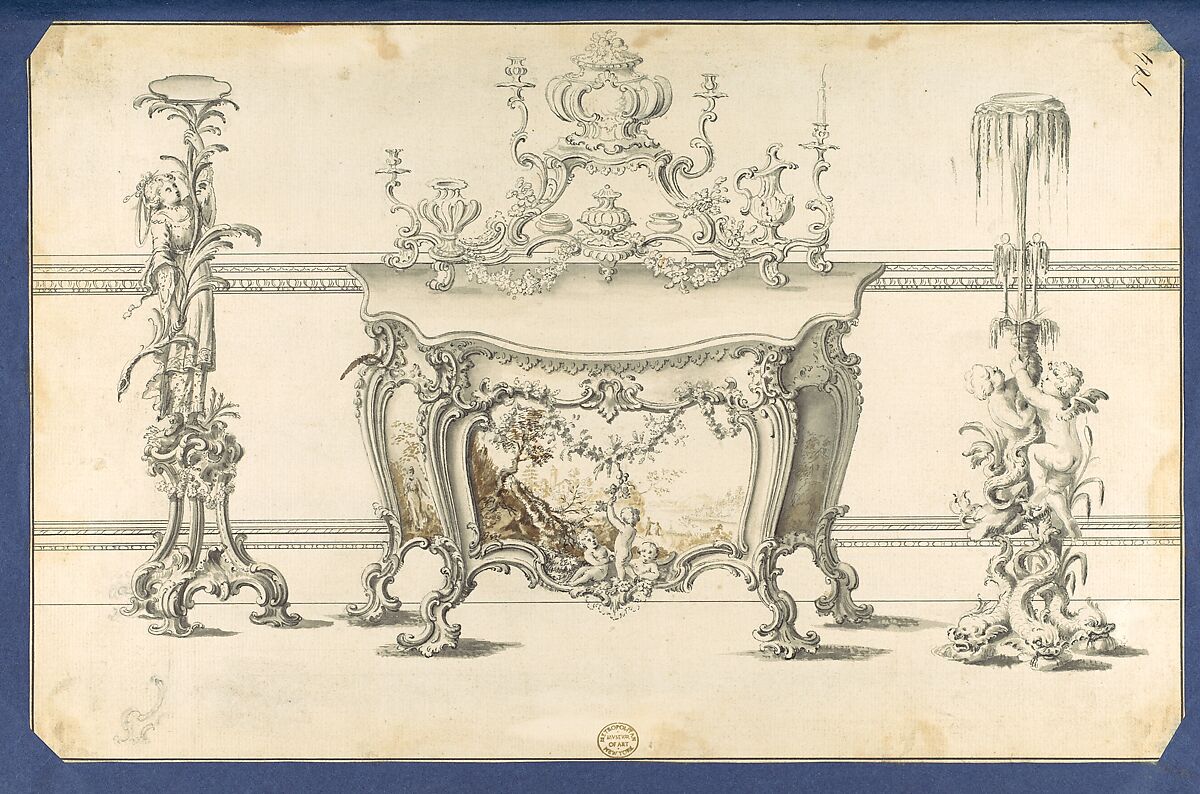 Commode Table and Candlestands, in Chippendale Drawings, Vol. I, Thomas Chippendale (British, baptised Otley, West Yorkshire 1718–1779 London), Black ink, gray ink, gray and brown wash 