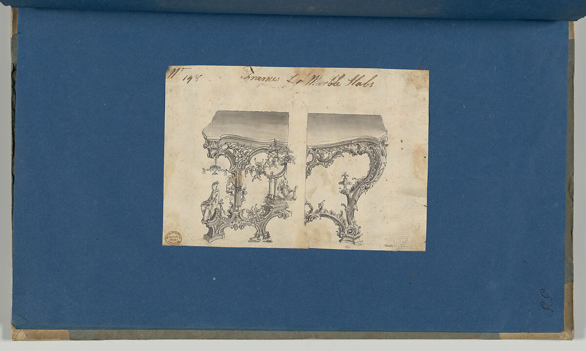 Frames for Marble Slabs, in Chippendale Drawings, Vol. I, Thomas Chippendale (British, baptised Otley, West Yorkshire 1718–1779 London), Black ink, gray ink, gray wash 
