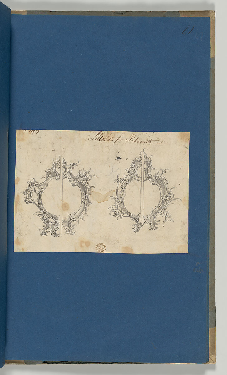 Shields for Pediments, in Chippendale Drawings, Vol. I, Thomas Chippendale (British, baptised Otley, West Yorkshire 1718–1779 London), Black ink, gray ink, gray wash