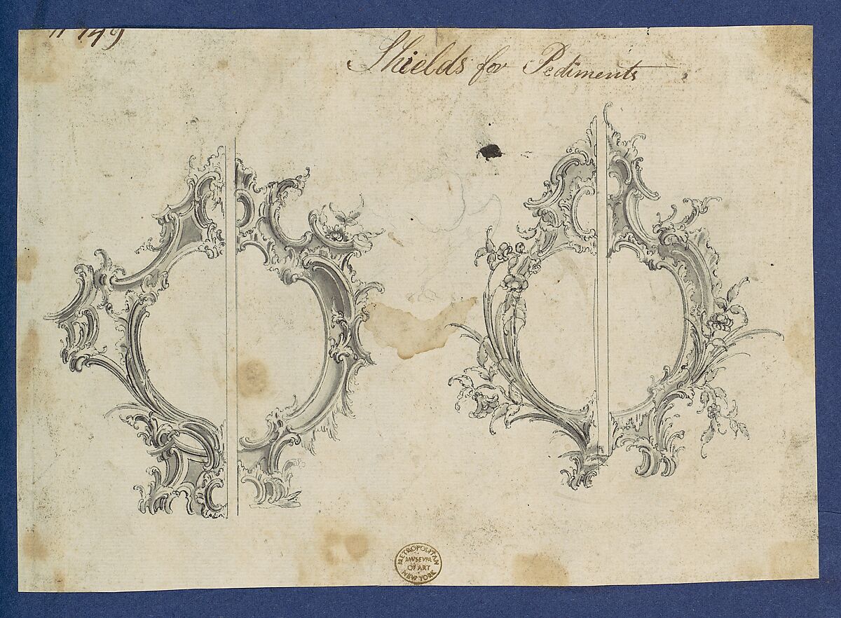 Shields for Pediments, in Chippendale Drawings, Vol. I, Thomas Chippendale (British, baptised Otley, West Yorkshire 1718–1779 London), Black ink, gray ink, gray wash 