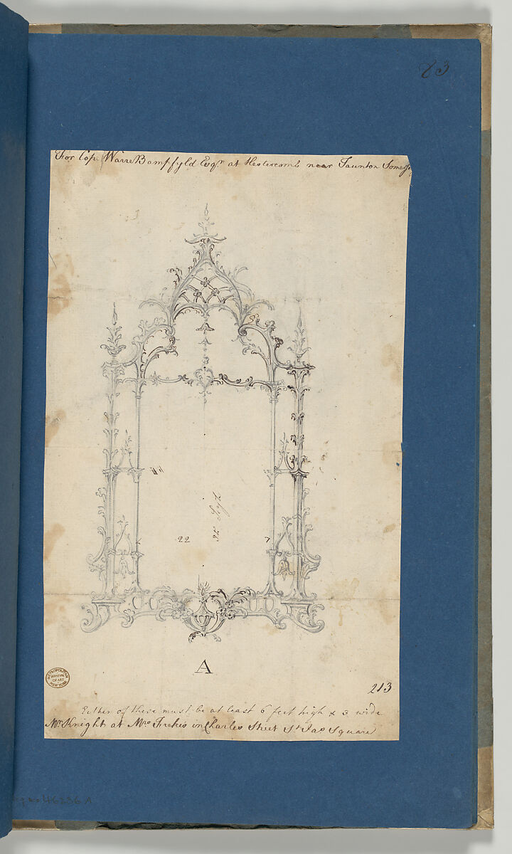 Mirror, in Chippendale Drawings, Vol. I, Thomas Chippendale (British, baptised Otley, West Yorkshire 1718–1779 London), Brown ink, graphite
