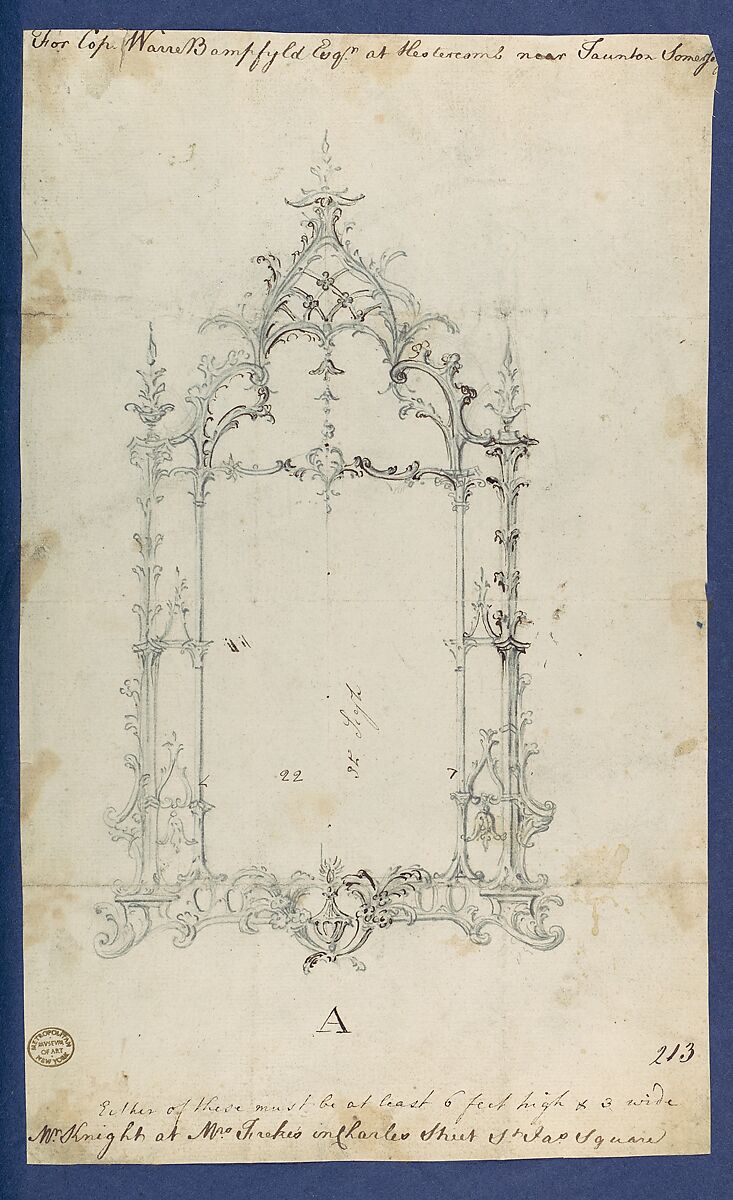 Mirror, in Chippendale Drawings, Vol. I, Thomas Chippendale (British, baptised Otley, West Yorkshire 1718–1779 London), Brown ink, graphite 